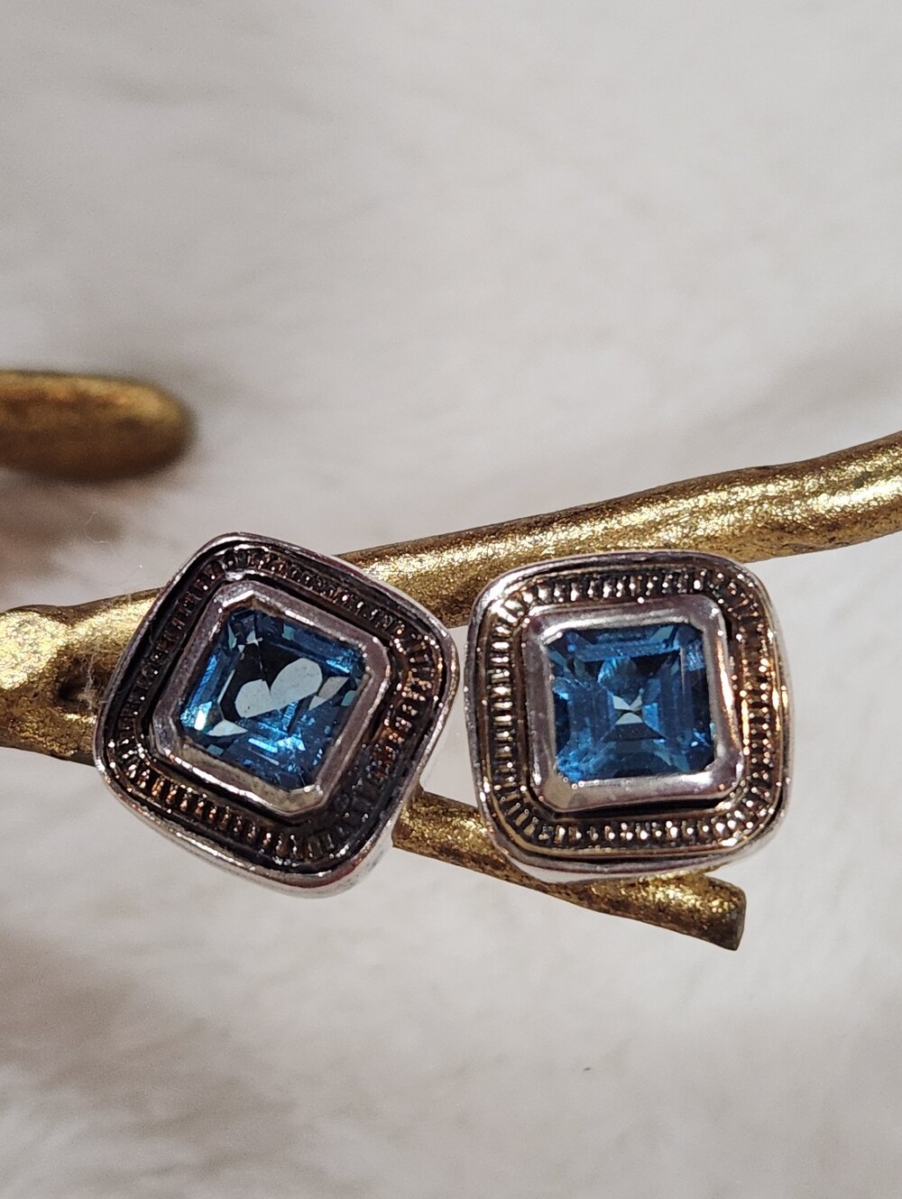 Sterling Silver Vintage Style Stud Earrings with Blue Topaz & 14K Posts